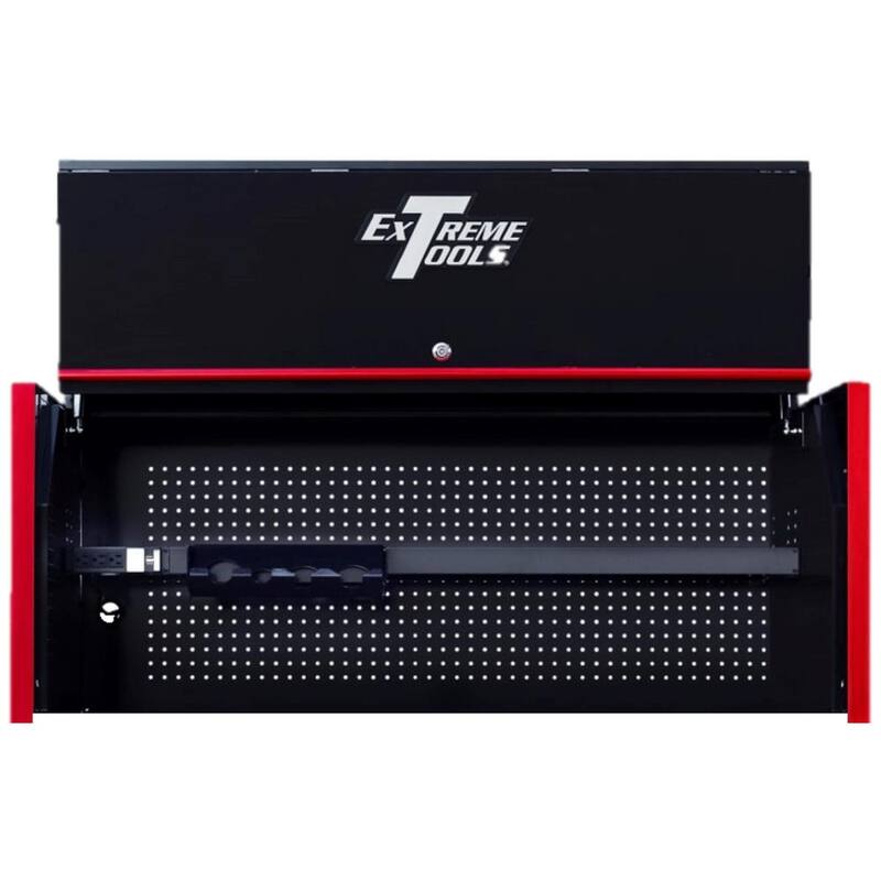 Hutch de Tres Escuadras Negras de la Serie RX de Extreme Tools de 55 pulgadas de ancho x 25 pulgadas de profundidad con Asa y Detalles Rojos Brillantes - RX552501HCBKRD