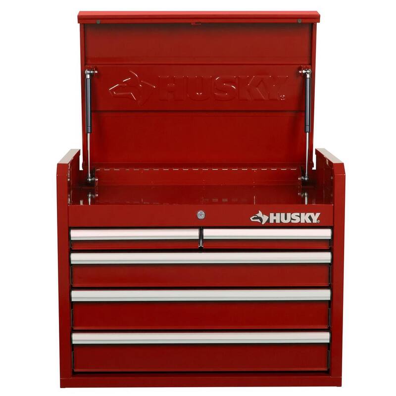 Cofre de herramientas Husky de parte superior roja de 26 pulgadas de ancho por 16 pulgadas de profundidad con 5 cajones - H26CH5RED