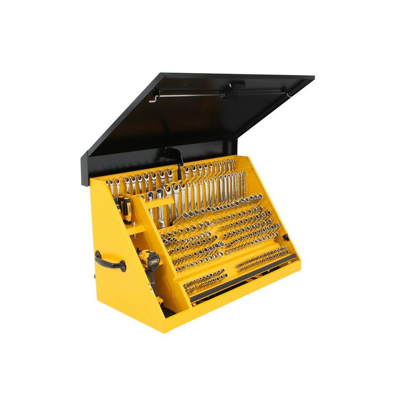 DEWALT 36 pulgadas de ancho x 17 pulgadas de profundidad Cofre de herramientas con tapa en triángulo portátil para llaves de dado, llaves y desarmadores en recubrimiento en polvo amarillo/negro - DXTB36BY