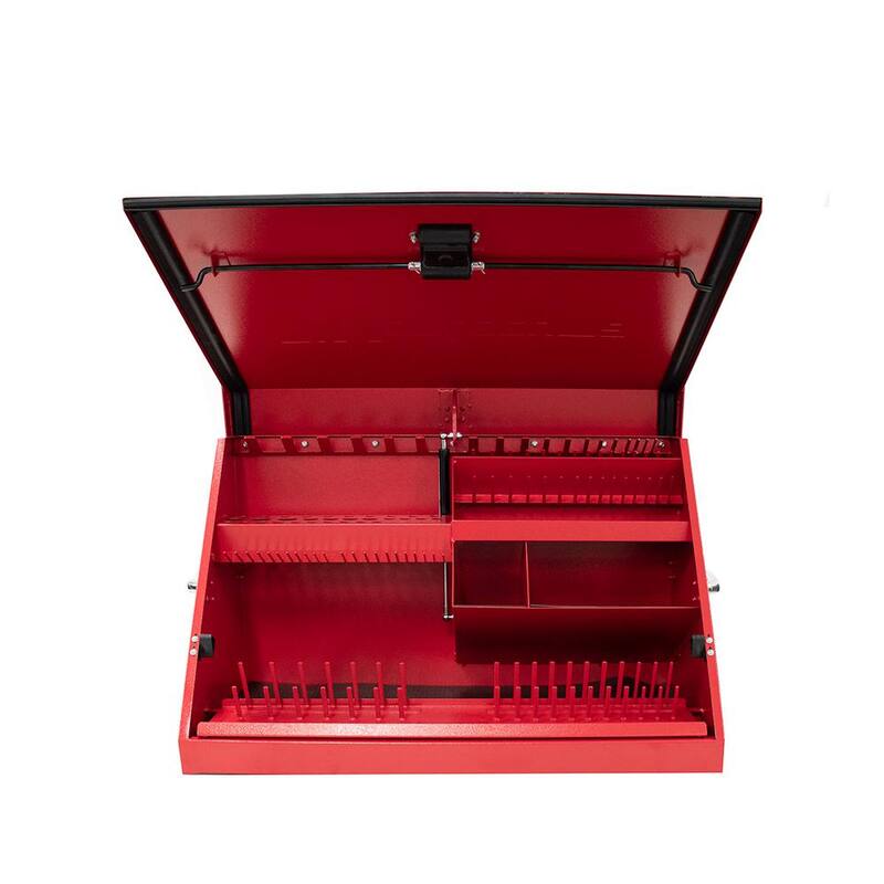Cofre portátil rojo con tapa en forma de triángulo de 31 pulgadas de ancho por 16 pulgadas de profundidad Montezuma para enchufes, llaves y destornilladores - ME300-R23
