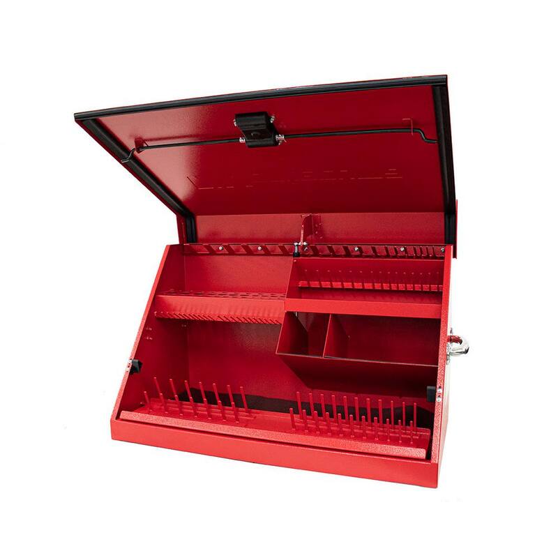 Cofre portátil rojo con tapa en forma de triángulo de 31 pulgadas de ancho por 16 pulgadas de profundidad Montezuma para enchufes, llaves y destornilladores - ME300-R23