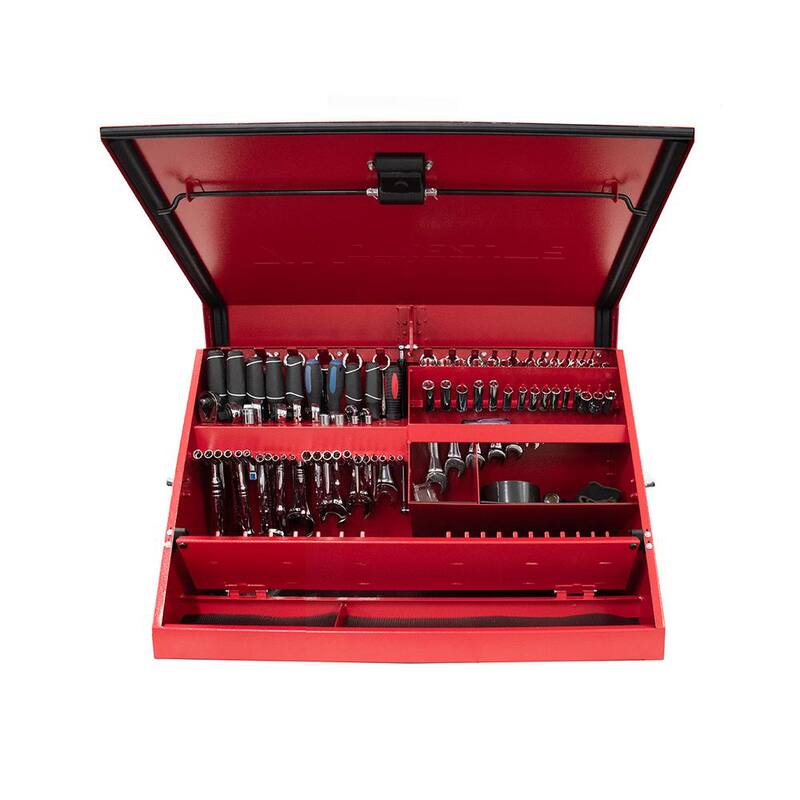 Cofre portátil rojo con tapa en forma de triángulo de 31 pulgadas de ancho por 16 pulgadas de profundidad Montezuma para enchufes, llaves y destornilladores - ME300-R23