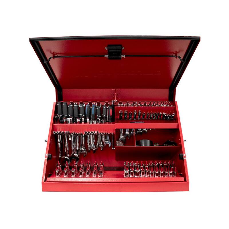 Cofre portátil rojo con tapa en forma de triángulo de 31 pulgadas de ancho por 16 pulgadas de profundidad Montezuma para enchufes, llaves y destornilladores - ME300-R23