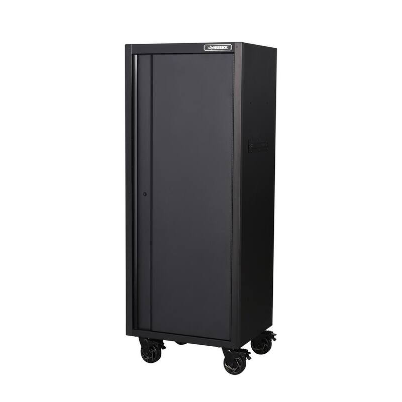 Husky Almacenamiento de Herramientas 27 pulgadas de ancho x 23 pulgadas de profundidad Resistente Negro Mate con 4 Estantes y Cajón de Herramientas Lateral Rodante - H27LOCKER4