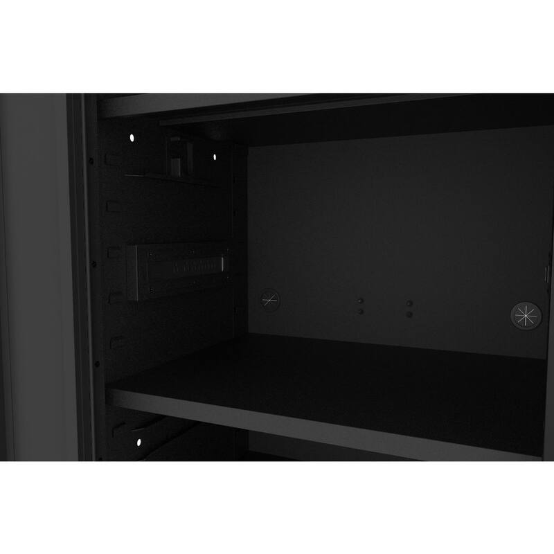 Husky Almacenamiento de Herramientas 27 pulgadas de ancho x 23 pulgadas de profundidad Resistente Negro Mate con 4 Estantes y Cajón de Herramientas Lateral Rodante - H27LOCKER4