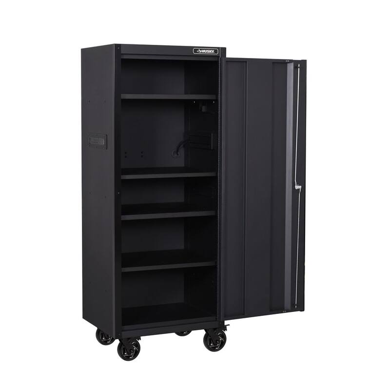 Husky Almacenamiento de Herramientas 27 pulgadas de ancho x 23 pulgadas de profundidad Resistente Negro Mate con 4 Estantes y Cajón de Herramientas Lateral Rodante - H27LOCKER4