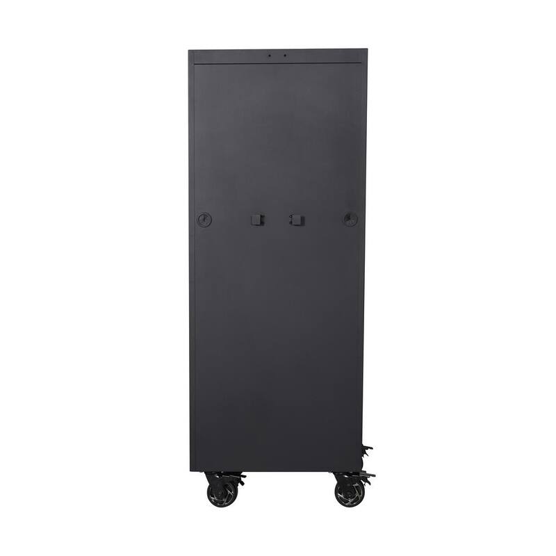 Husky Almacenamiento de Herramientas 27 pulgadas de ancho x 23 pulgadas de profundidad Resistente Negro Mate con 4 Estantes y Cajón de Herramientas Lateral Rodante - H27LOCKER4