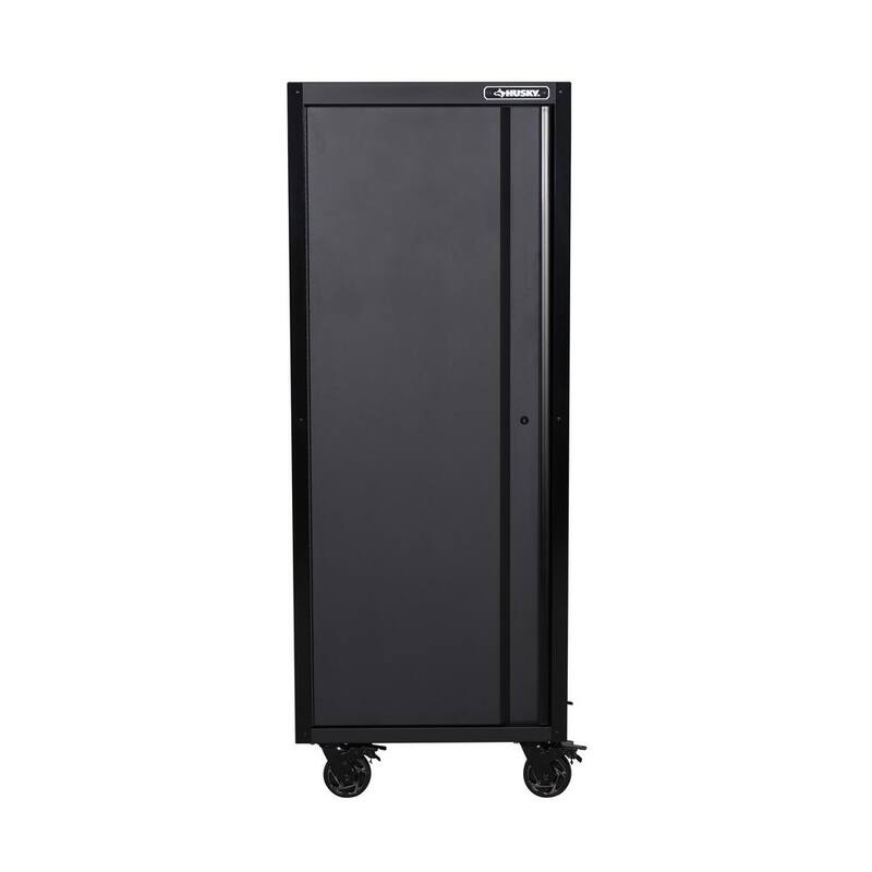 Husky Almacenamiento de Herramientas 27 pulgadas de ancho x 23 pulgadas de profundidad Resistente Negro Mate con 4 Estantes y Cajón de Herramientas Lateral Rodante - H27LOCKER4