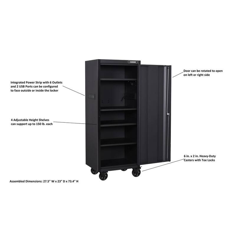 Husky Almacenamiento de Herramientas 27 pulgadas de ancho x 23 pulgadas de profundidad Resistente Negro Mate con 4 Estantes y Cajón de Herramientas Lateral Rodante - H27LOCKER4