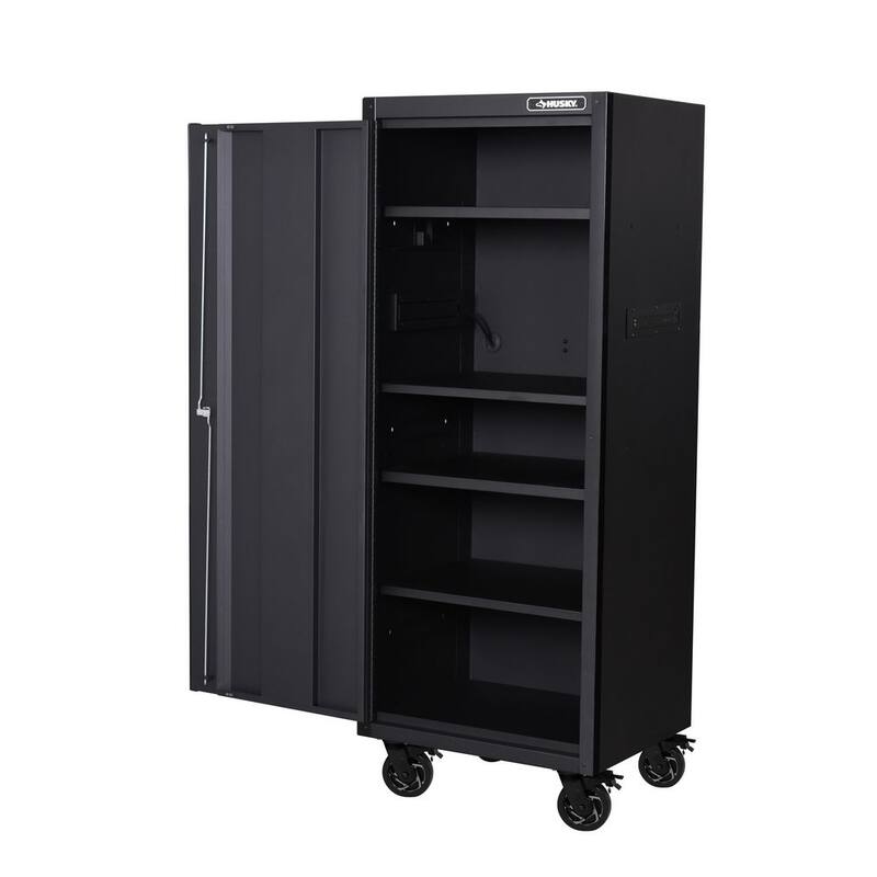 Husky Almacenamiento de Herramientas 27 pulgadas de ancho x 23 pulgadas de profundidad Resistente Negro Mate con 4 Estantes y Cajón de Herramientas Lateral Rodante - H27LOCKER4