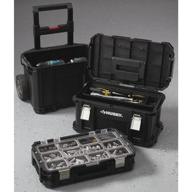 Husky Connect Stackable 22 in. Rolling Tool Cart, 22 in. Tool Box, and Pro Small Parts Organizer With 12 Removable Bins - 230381