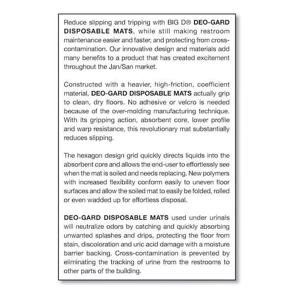 Big D Deo-Gard Disposable Urinal Mat, Charcoal, Mountain Air, 17.5x20.5, PK6 - 666800