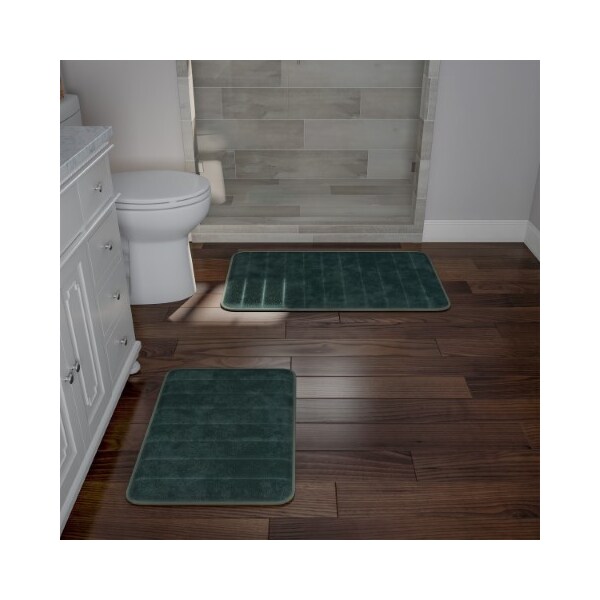 Hastings Home Set of 2 Bathroom Rug Set Memory Foam Mats Striped Microfiber, Non-Slip Absorbent Runner (Green) - 847272MDY