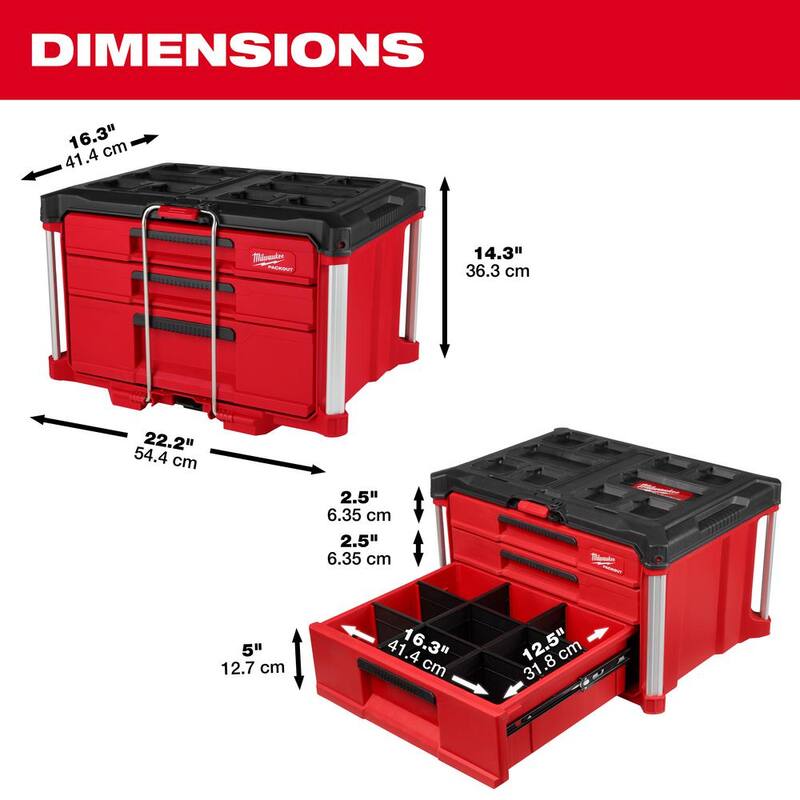Milwaukee PACKOUT 22 in. Modular 3-Drawer Multi Drawer Tool Box with Metal Reinforced Corners and 50 lbs. Capacity - 48-22-8447