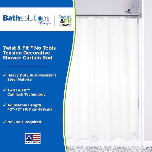 Kenney Mfg Twist & Fit No Tools Decorative Tension Shower Curtain Rod, 42-72in, Polished Pewter - KN913C/20HUS