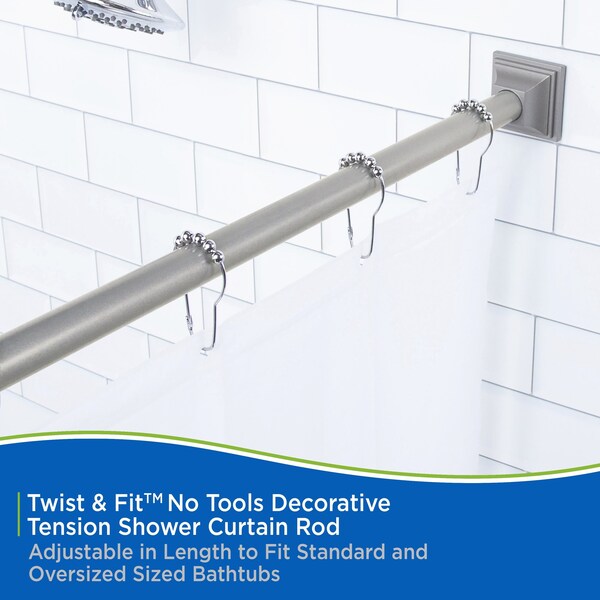 Kenney Mfg Twist & Fit No Tools Decorative Tension Shower Curtain Rod, 42-72in, Polished Pewter - KN913C/20HUS