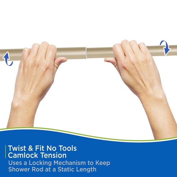Kenney Mfg Twist & Fit No Tools Tension Shower Curtain Rod, 42-72in, Soft Brass - T609C/70