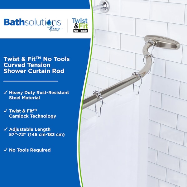 Kenney Mfg Twist & Fit No Tools Curved Tension Shower Curtain Rod, 57-72in, Brushed Nickel - KN60961