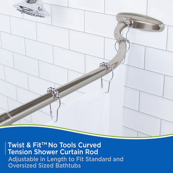 Kenney Mfg Twist & Fit No Tools Curved Tension Shower Curtain Rod, 57-72in, Brushed Nickel - KN60961