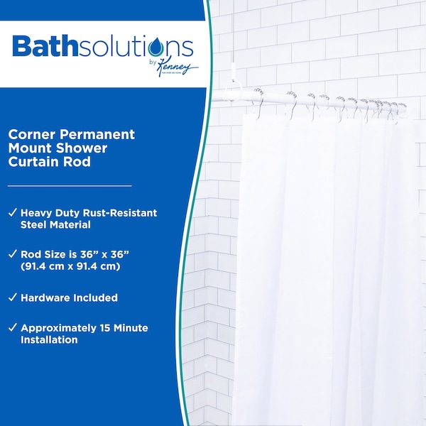 Kenney Mfg Corner Permanent Mount Shower Curtain Rod, 36in x 36in, White - KN61423