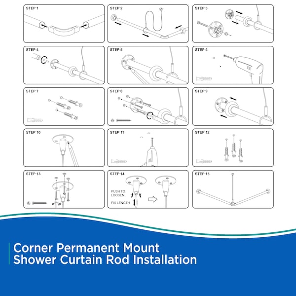 Kenney Mfg Corner Permanent Mount Shower Curtain Rod, 36in x 36in, White - KN61423