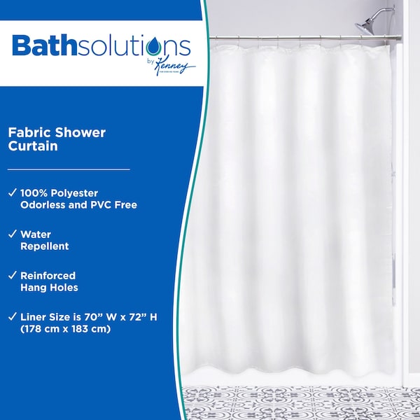 Kenney Mfg Fabric Shower Curtain Liner, 70" W x 72" H, White - KN61253