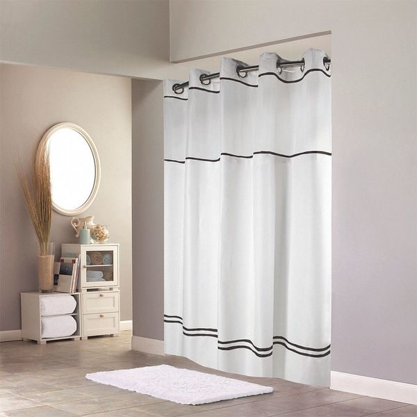 Hookless Shower Curtain, Plastic, Black, White, 71 in W, 74 in L - HBH40MYS0110SL74AM
