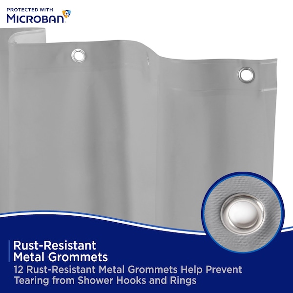 Kenney Mfg Microban Protected Medium Weight PEVA Shower Liner, 70in W x 72in H, Gray, 2-Pack - MB61159PK2