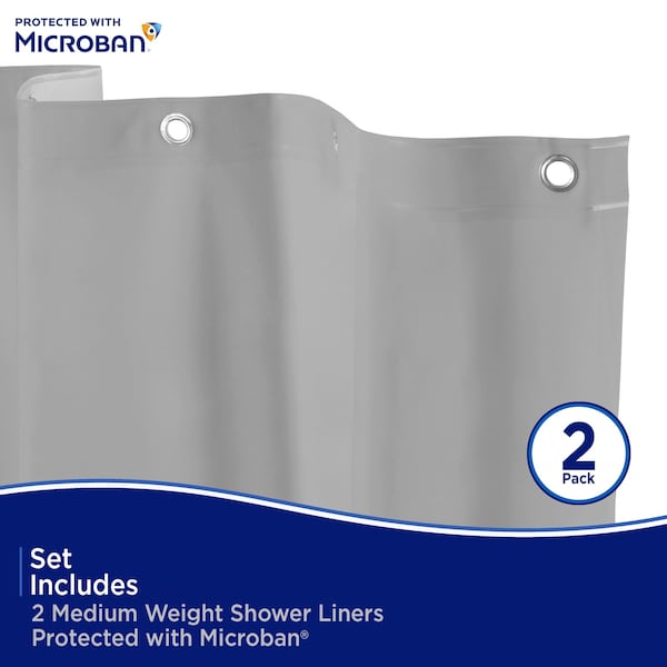 Kenney Mfg Microban Protected Medium Weight PEVA Shower Liner, 70in W x 72in H, Gray, 2-Pack - MB61159PK2