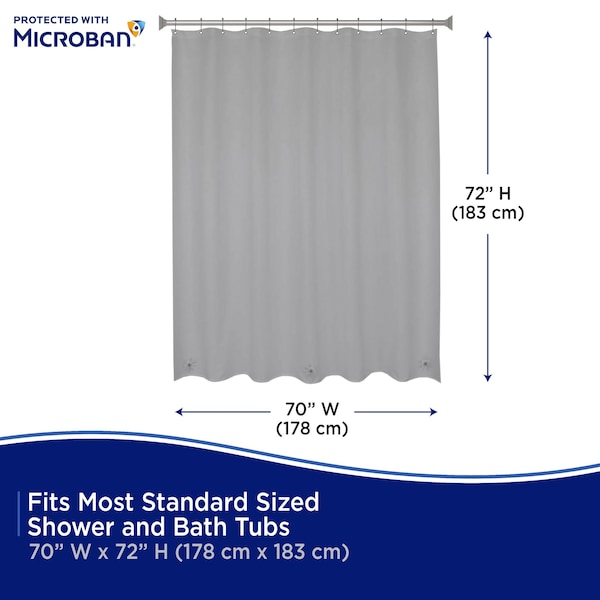Kenney Mfg Microban Protected Medium Weight PEVA Shower Liner, 70in W x 72in H, Gray, 2-Pack - MB61159PK2