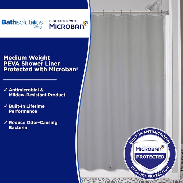 Kenney Mfg Microban Protected Medium Weight PEVA Shower Liner, 70in W x 72in H, Gray, 2-Pack - MB61159PK2