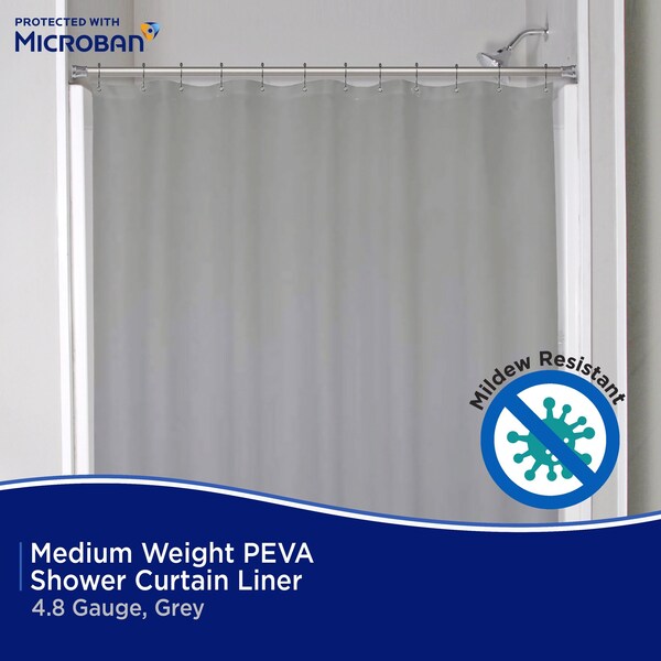 Kenney Mfg Microban Protected Medium Weight PEVA Shower Liner, 70in W x 72in H, Gray, 2-Pack - MB61159PK2
