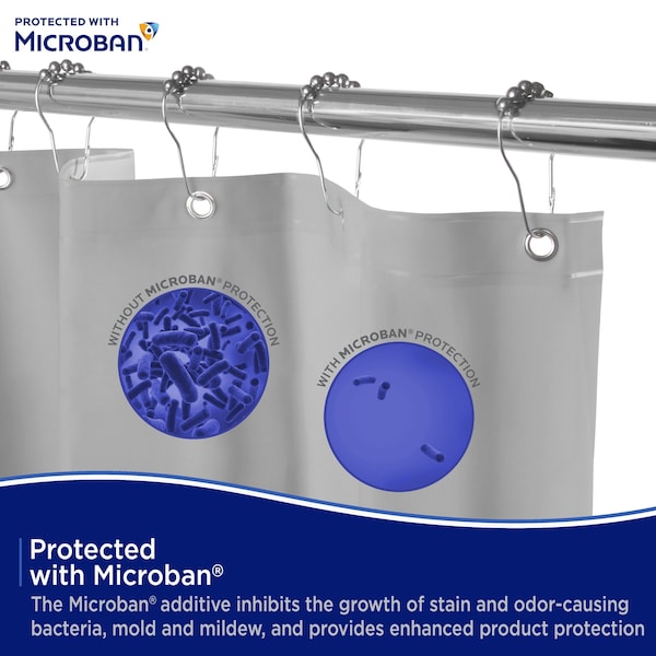 Kenney Mfg Microban Protected Medium Weight PEVA Shower Liner, 70in W x 72in H, Gray, 2-Pack - MB61159PK2