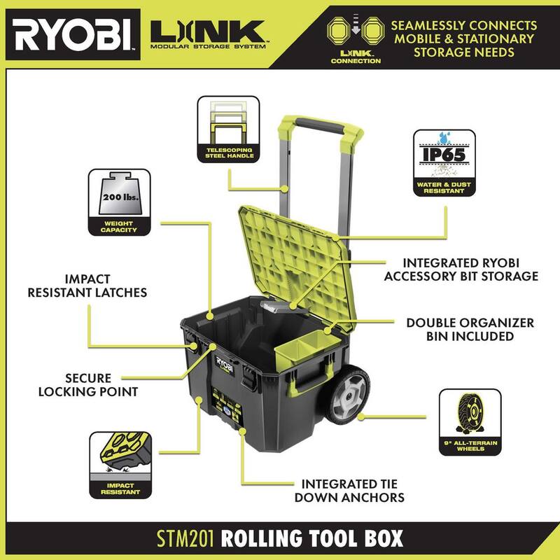 RYOBI 22.2 in. LINK Rolling Tool Box with LINK Medium Tool Box and LINK Standard Tool Box - STM201-STM102-STM101
