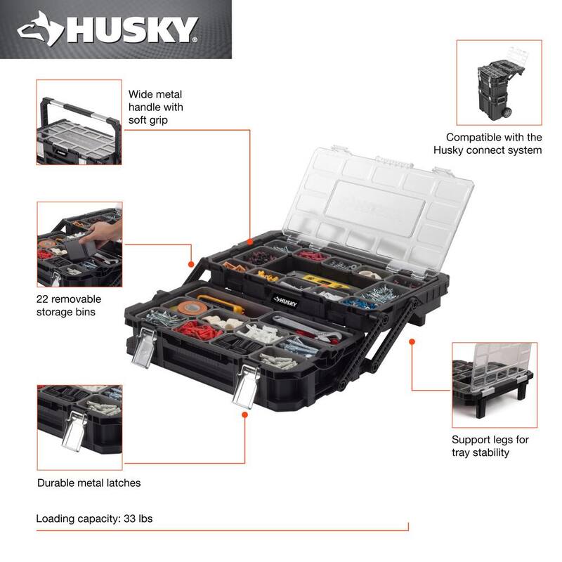 Husky Connect Stackable Portable Cantilever 22 Removable Compartment Small Tool and Parts Organizer With Steel Handle - 230379