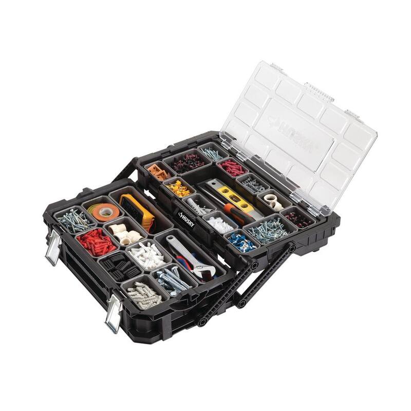 Husky Connect Stackable Portable Cantilever 22 Removable Compartment Small Tool and Parts Organizer With Steel Handle - 230379