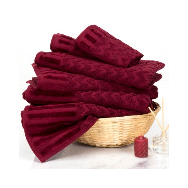 Hastings Home 6-Piece Cotton Deluxe Plush Bath Towel Set, Chevron Pattern Spa Luxury Decorative Towels  (Burgundy) - 478070XPN