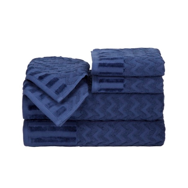 Hastings Home 6-Piece Cotton Deluxe Plush Bath Towel Set, Chevron Pattern Spa Luxury Decorative Towels, Navy - 440587ILC