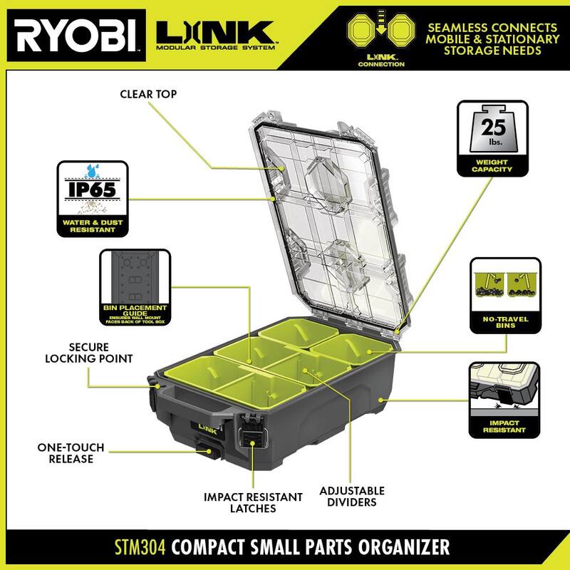 RYOBI LINK Compact 6-Compartment Modular Small Parts Organizer Tool Box - STM304