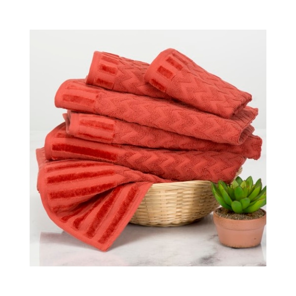 Hastings Home 6-Piece Cotton Deluxe Plush Bath Towel Set, Chevron Pattern Spa Luxury Decorative Towels (Brick) - 730426HCW