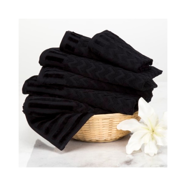 Hastings Home 6-Piece Cotton Deluxe Plush Bath Towel Set, Chevron Pattern Spa Luxury Decorative Towels (Black) - 421314VTX
