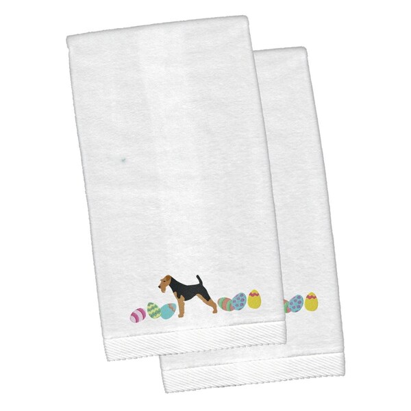 Carolines Treasures Airedale Terrier Easter White Embroidered Plush Hand Towel, 2PK - CK1594KTEMB