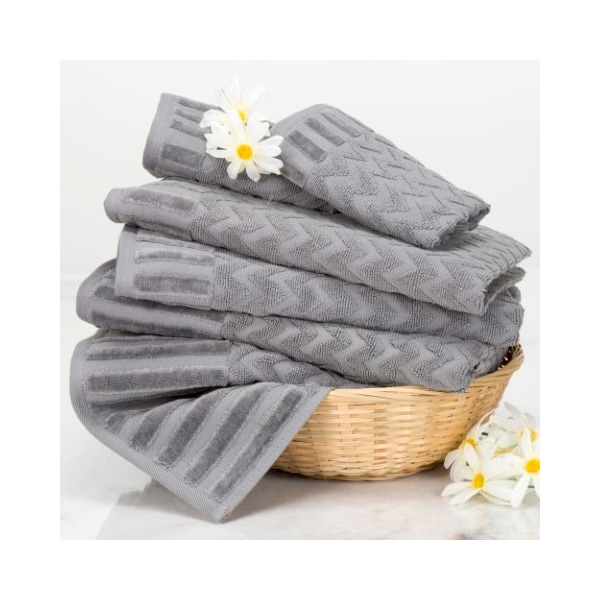Hastings Home 6-Piece Cotton Deluxe Plush Bath Towel Set, Chevron Pattern Spa Luxury Decorative Towels (Silver) - 327710SYF