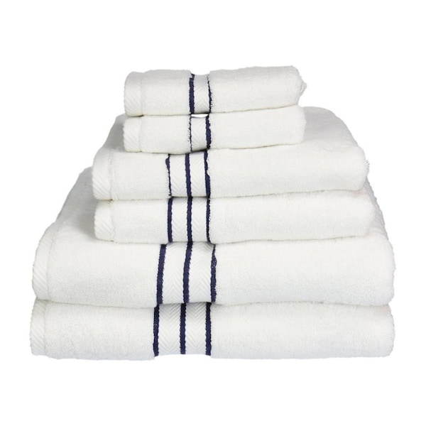 Superior Superior 900GSM-H 6PC SET NB 900 Gsm Egyptian Cotton Towel Set - White With Navy Blue Border; 6 Pieces - 900GSM(H) 6PC SET NB