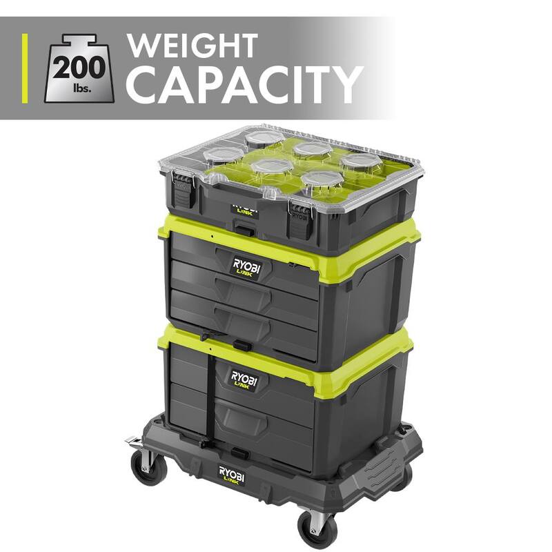 RYOBI LINK Modular Dolly Multi-Purpose Rolling Base with LINK 2-Drawer Tool Box and LINK 3-Drawer Tool Box - STM204-STM301-STM302