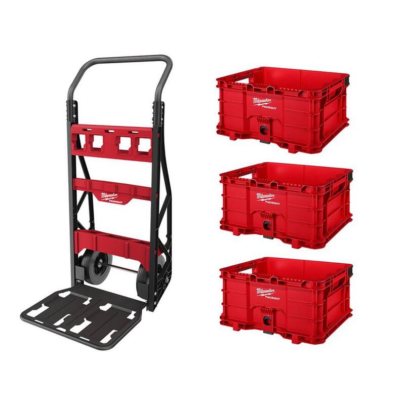 Milwaukee PACKOUT 20 in. 2-Wheel Utility Cart with (3) PACKOUT Tool Storage Crates - 48-22-8415-48-22-8440x3