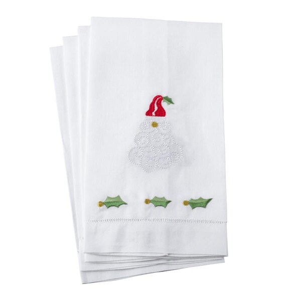 Tistheseason Embroidered Santa Claus Christmas Hemstitched Linen Cotton Guest Towel, White - Set of 4 - TI1620691