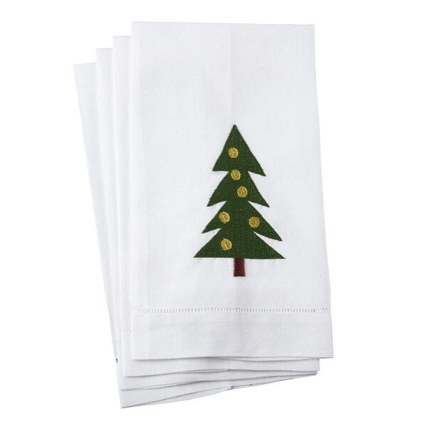 Tistheseason SARO Christmas Tree Embroidery Design Hemstitched Linen Cotton Guest Towel White - Set of 4 - TI3198321