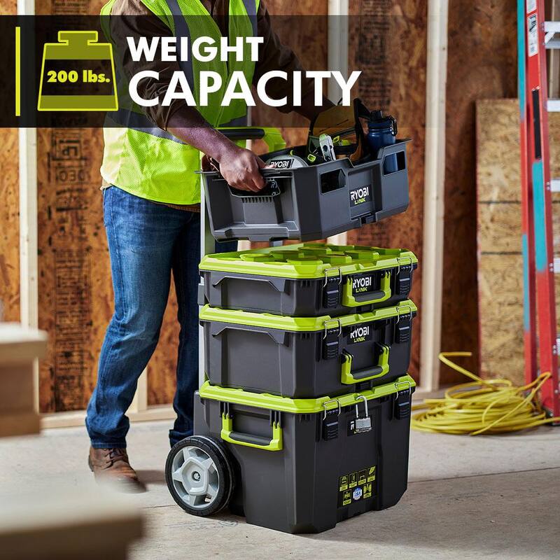 RYOBI LINK Rolling Tool Box w/ Standard and Medium Tool Box w/ Wall Rail (2-Pack) - STM201-STM101-STM102-STM504