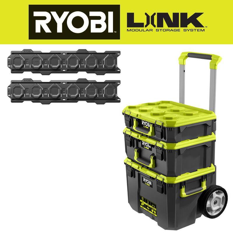RYOBI LINK Rolling Tool Box w/ Standard and Medium Tool Box w/ Wall Rail (2-Pack) - STM201-STM101-STM102-STM504
